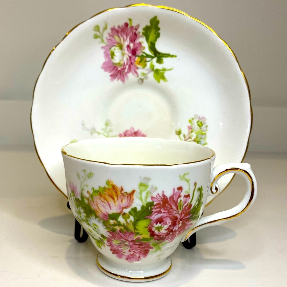 Vtg Tuscan Fine Bone China Teacup and Saucer with Pink Mums